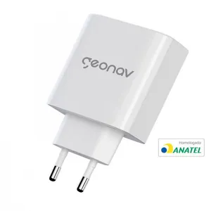 Carregador de Tomada Geonav Turbo Duo 48W com USB-A e USB-C para Celulares e Dispositivos Eletrônicos Branco