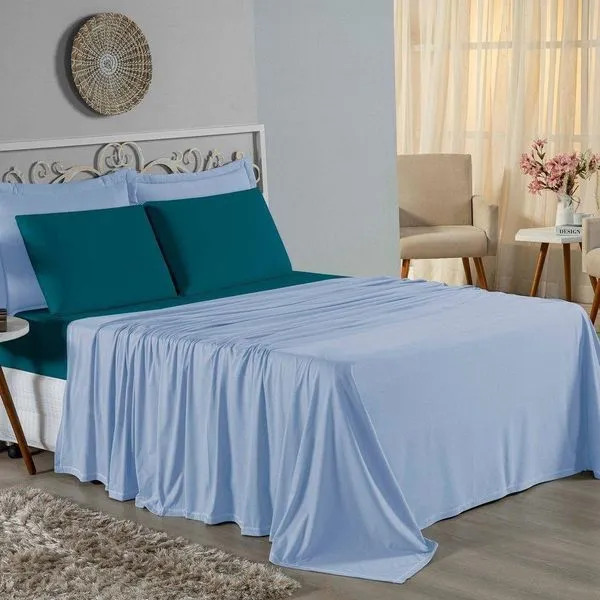 Jogo De Cama Solteiro Nobre 3 Peças Lençol Com Elástico De 30cm De Altura Malha 100% Algodão - Azul-bebê / Petróleo