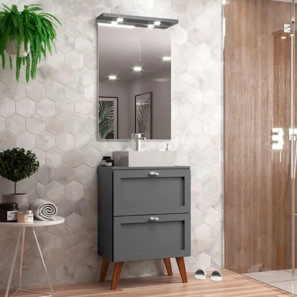 Gabinete Para Banheiro Com Tampo Cuba E Armario 60cm Retro Mdf Grafite Milano - On Móveis