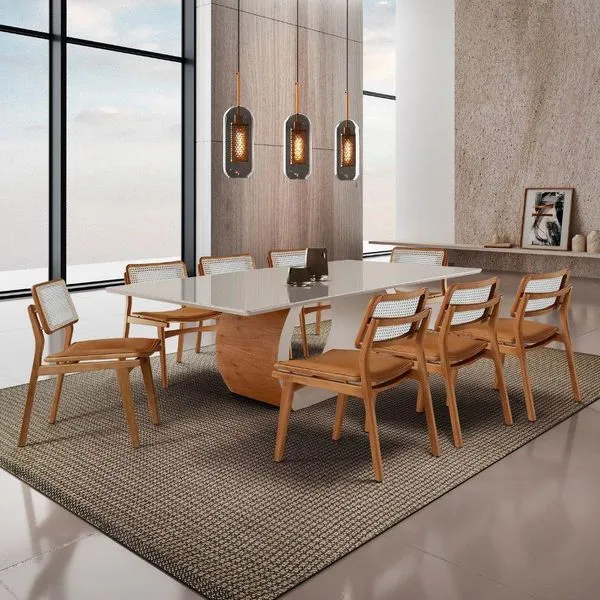 Sala De Jantar Mesa Ellis Com 8 Cadeiras Eva Premium Star Caramelo Off White Imbuia Nat