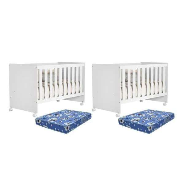 Kit Gêmeos Berço Mel Branco Brilho Com Colchões Baby Physical - Reller Móveis Branco Brilho