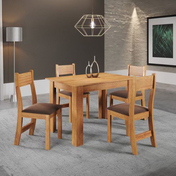 Mesa de Jantar Tulipa 4 Cadeiras Estofadas em Veludo Viero Mel/Bombom
