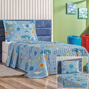 Kit Colcha + Jogo De Cama Bouti Kids Solteiro Infantil 5 Peças 100% Poliéster - Astronauta
