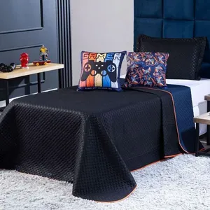 Kit Cobre Leito Colcha Solteiro Gamer Day Preto/azul Marinho Dupla Face Com Almofadas Estampadas 04 Peças