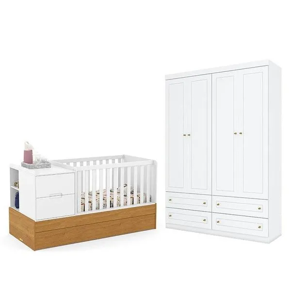 Berço Americano Multifuncional Formare Branco Freijó - Matic E Guarda Roupa Infantil Americano 4 Porta Branco Hp - Henn