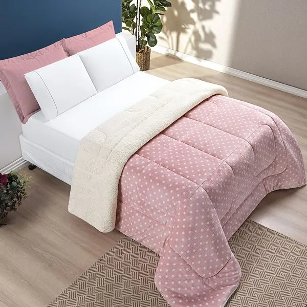 Edredom Coberdrom Romantico Poá Solteiro Sherpa e Manta Flannel - Rosa