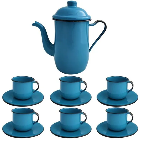 Kit Bule De Café E Chá Com 6 Xícaras e Pires Aço Esmaltado Azul