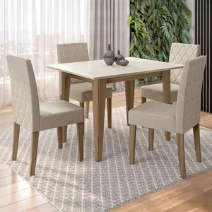 Mesa de Jantar Retangular Poliman Kate com 4 Cadeiras Estofadas Revestidas em Suede Cinamomo/Off White