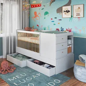 Berço Infantil Multifuncional Menino Menina 194cm Com Cômoda, Trocador E Gavetões Com Rodas Branco