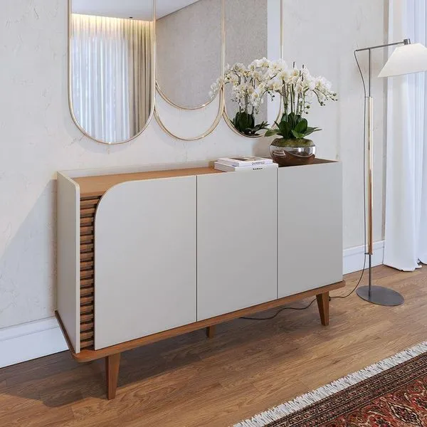 Aparador Buffet Jurere 136cm 3 Portas De Giro - Ssx Multicoisas Cor Off White Matte/freijo