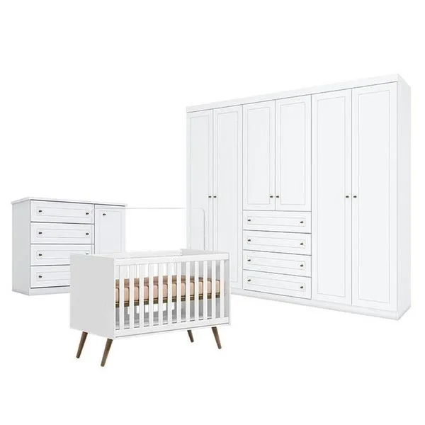 Quarto De Bebê Americano 6 Portas Com Berço Americano Q Encanto 3820 Retrô Branco Acetinado - Qmovi - Henn