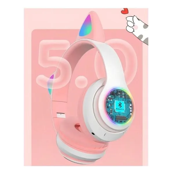 Fone Bluetooth Gatinho LED Colorido Gamer Ajustavel Rosa
