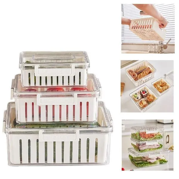 Kit 3 Potes Hermeticos Organizador Geladeira Fresh Box Cesta Escorredor Removivel Acrilico Marmita Frutas Legumes Alimen