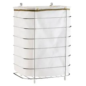 Cesto de Roupa para Parede e Chão Utimil CR483 em Arame Cromado e Tecido Bege Branco