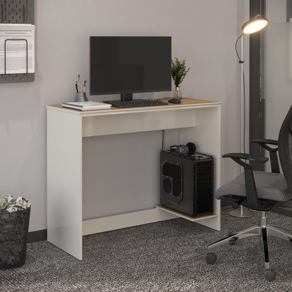 Mesa Para Escritório Com Passa Fios E Tampo Usinado Tech - Off White E Cedro