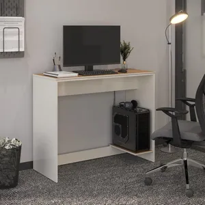 Mesa Para Escritório Com Passa Fios E Tampo Usinado Tech - Off White E Cedro