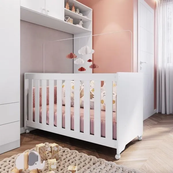 Berço Infantil Simples Com Rodas, Colchão, Regulagem De Altura E Grade Mdf 133cm Branco