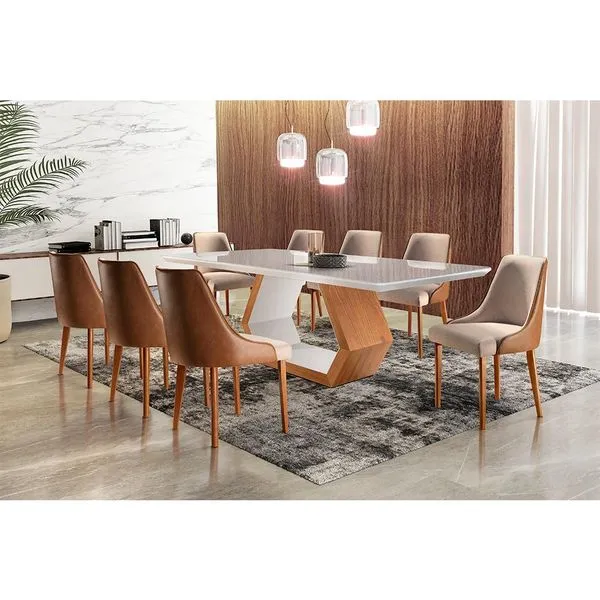 Conjunto de Mesa de Jantar Ane Off White e 8 Cadeiras Estofadas Esmeralda II Linho Caramelo e Bege