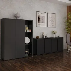 Conjunto Sala De Jantar 2 Peças Armário Alto E Buffet Balcão - Preto Preto