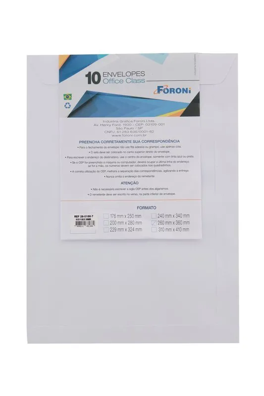 Envelope Saco Foroni Branco 260x360mm com 10 Unidades