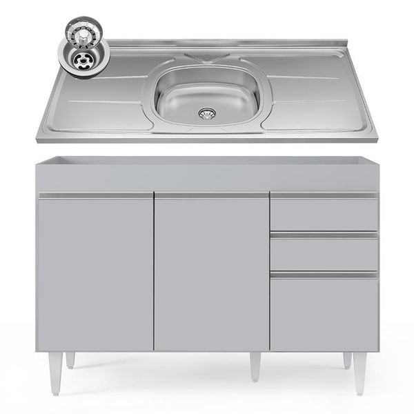 Balcão De Cozinha Com Pia Inox 120cm 3 Portas Michigan Cinza Claro - Lumil
