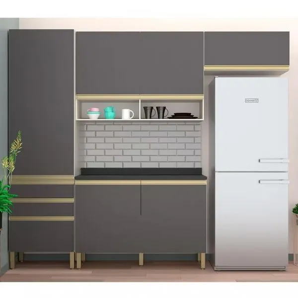 Cozinha Compacta Bartira Jaspe com 6 Portas 3 Gavetas e 6 Prateleiras 260.4cm Bege com Cinza