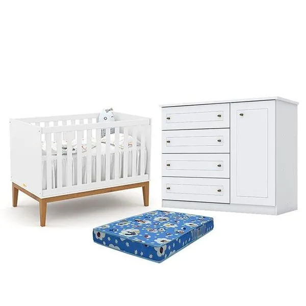 Berço Americano Unique Branco Soft Eco Wood - Matic E Cômoda Infantil Americano Branco Hp E Colchão Ortobom - Henn