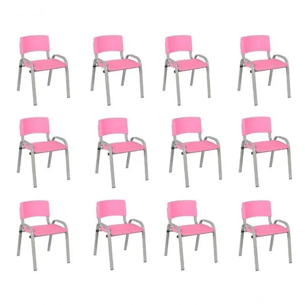 Kit 12 Cadeira Iso Infantil Creche, Escola Base Cinza Rosa