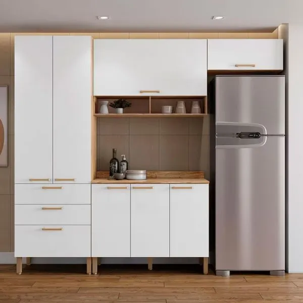 Cozinha Compacta Bartira Veneza com 7 Portas 3 Gavetas e 5 Prateleiras Damasco/Branco Fosco