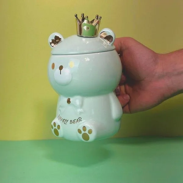 Caneca Porcelana 3d Com Tampa E Colher Ursinho Verde
