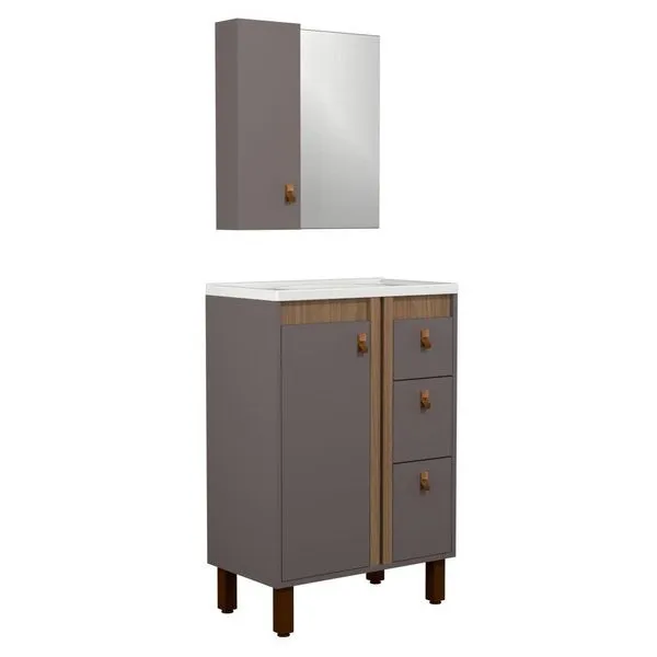 Kit Gabinete E Espelho Para Banheiro Ariel 60 Cm Com Pé Havana/jequitibá