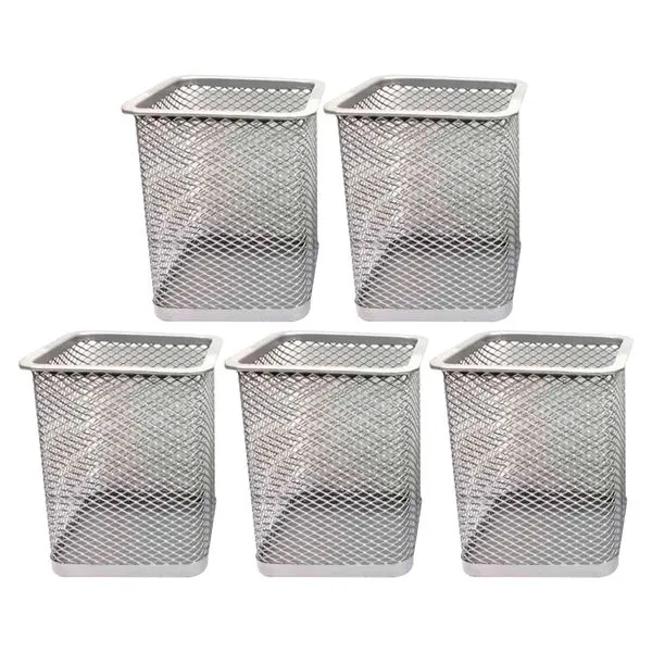Kit 5 Porta Canetas Organizador de Mesa Quadrado Telado Aramado Grampos Clips Escritório Home Office Prata