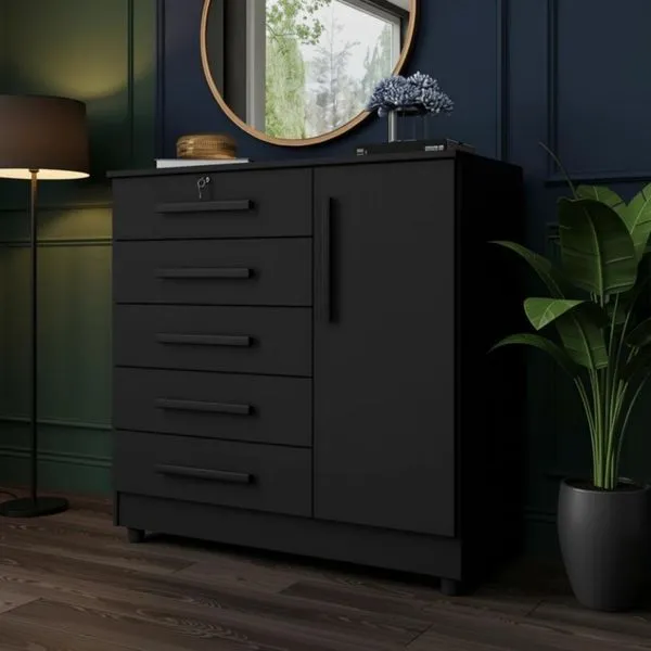 Cômoda Grande 5 Gavetas 1 Porta Com Chave Elegante Preta Preto