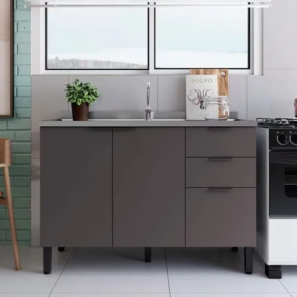 Balcão Bartira Universal com 2 Portas e 3 Gavetas Grafite