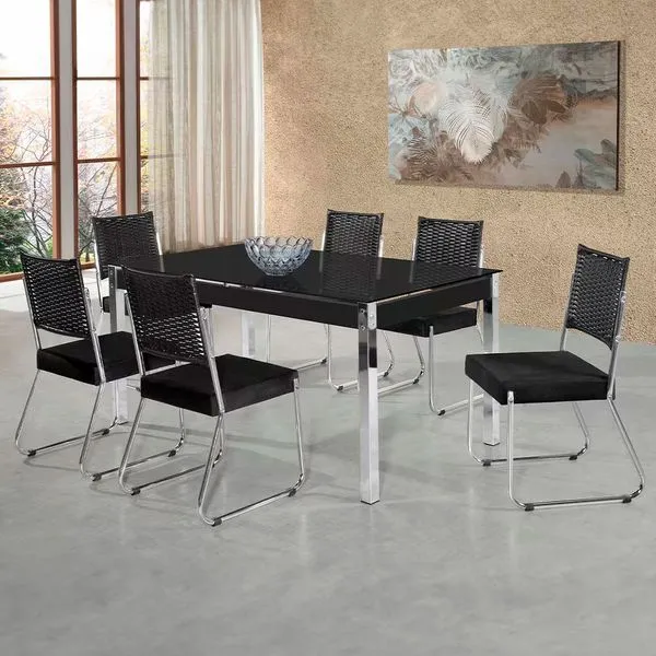 Mesa de Jantar Claudia com Tampo Kanon 6 Cadeiras Aço Nobre Preto