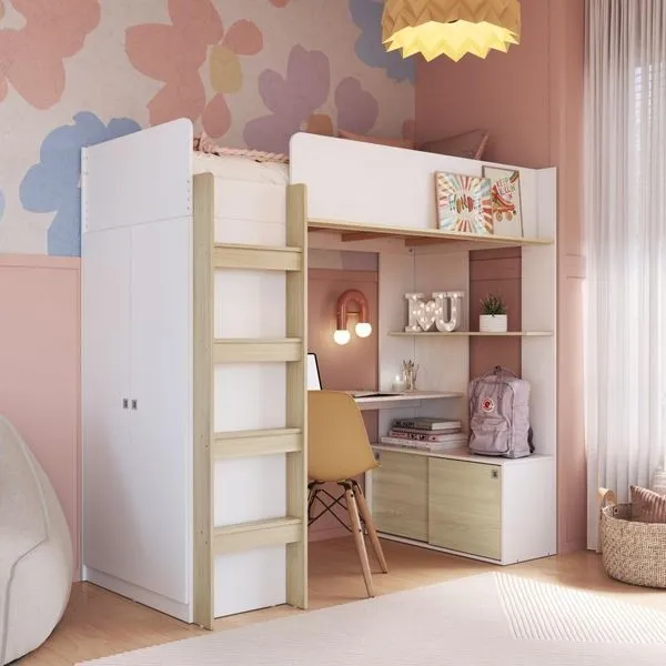Cama Infantil Alta Multifuncional Office Solteiro Armário Escrivaninha Branca