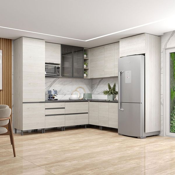 Cozinha Bartira Cristal com 14 Portas, 3 Gavetas, 13 Prateleiras Freixo
