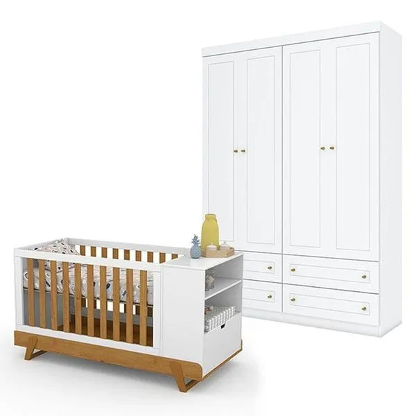 Berço Multifuncional Bkids Branco Freijó Eco Wood - Matic E Guarda Roupa Infantil Americano 4 Porta Branco Hp - Henn