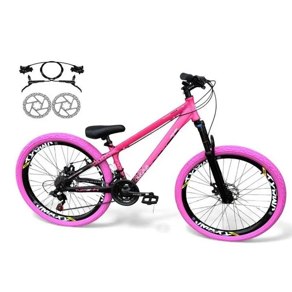 Bicicleta aro26 Vikingx Tuff Freio Hidráulico 21v Freeride RodasVmaxx Suspensão Pneu Flame RosaPreto