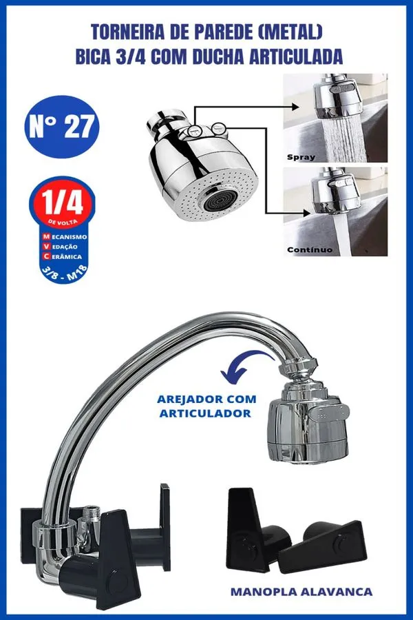 Torneira Parede Metal Bica 3/4 Com Ducha Articulada Manopla Alavanca Preta