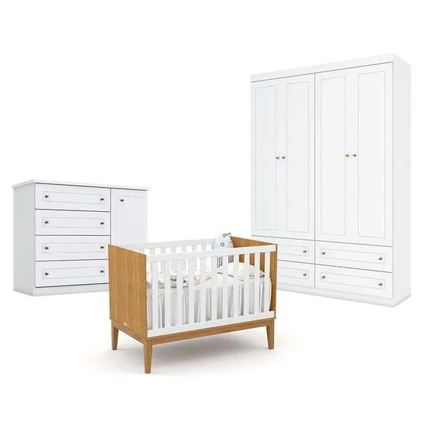 Quarto De Bebê Americano 4 Portas Com Berço Americano Unique Freijó Branco Soft Eco Wood - Matic - Henn