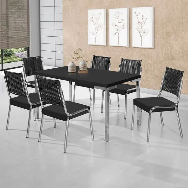 Mesa de Jantar Aço Nobre Kansas com 6 Cadeiras Preto
