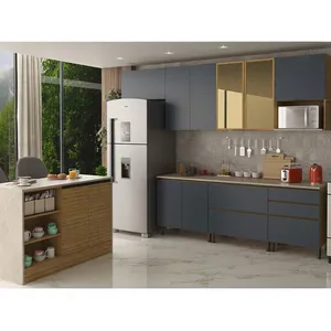 Cozinha Completa Bartira Cristal com 8 Portas, 5 Gavetas, 6 Prateleiras Lâmina de Mel/Azul Royal