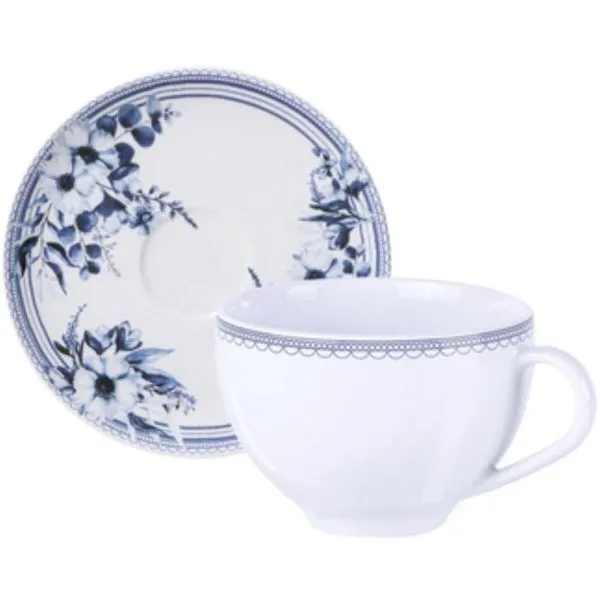 Xícara e Pires de Chá Tramontina Azzura 250ml em Porcelana Decorada Servir Café 2 Peças