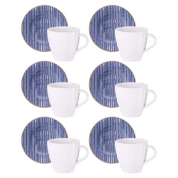 Jogo 6 Xícaras com Pires Porcelana Tramontina 200ml Café Chá Cappuccino Abstratta Azul Mesa Posta