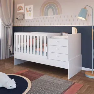 Berço Infantil Multifuncional Menino Menina 196cm Com Cômoda, Trocador E Grade Em Mdf Branco