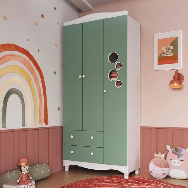 Guarda-roupa Infantil 3 Portas 2 Gavetas Nichos Cabideiro Branco com Verde