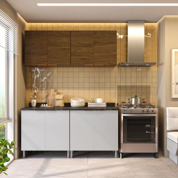 Cozinha Compacta Rubi com 4 Portas, Balcão Duplo Grapia 160 cm Largura Bartira Branco, Marrom e Bege