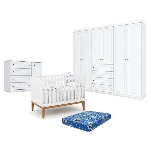 Quarto De Bebê Americano 6 Portas Com Berço Americano Unique Branco Soft Eco Wood - Matic - Henn E Colchão Ortobom