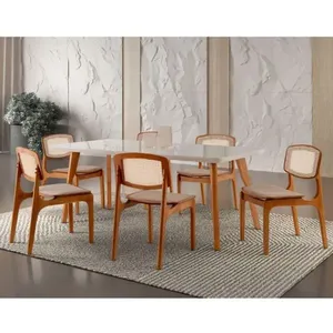Conjunto Mesa Malta 160cm 6 Cadeiras Malta Premium Moderna Linho Palha Off White Imbuia